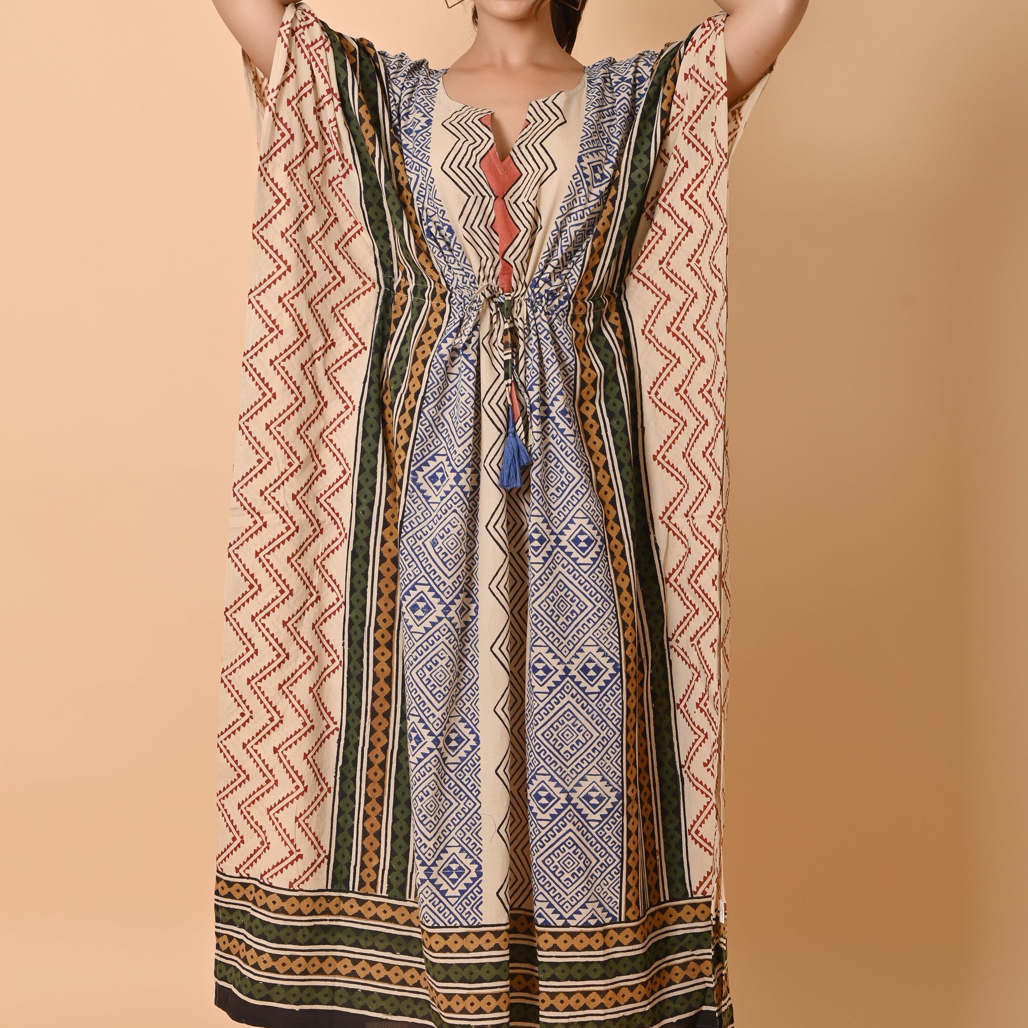 Block Print Cotton Long Bohemian Kaftan Dress