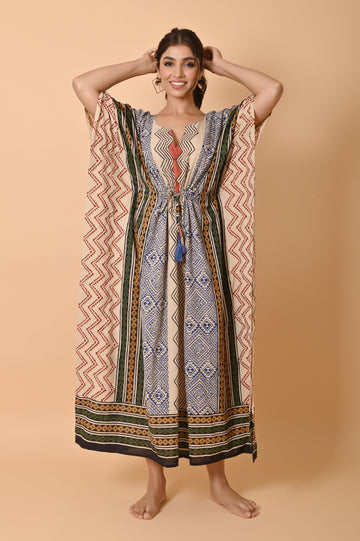 Block Print Cotton Long Bohemian Kaftan Dress