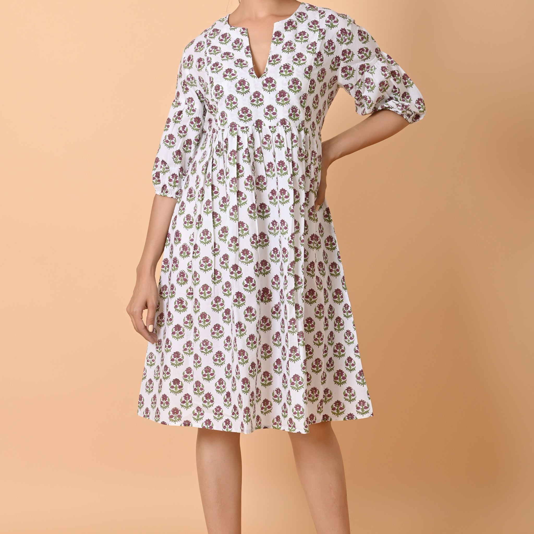 Cotton Short Mini Dress Block Printed