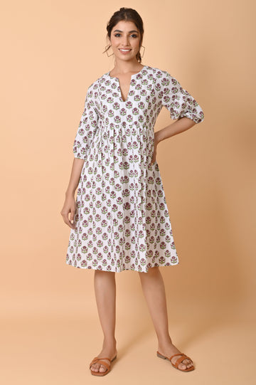 Cotton Short Mini Dress Block Printed