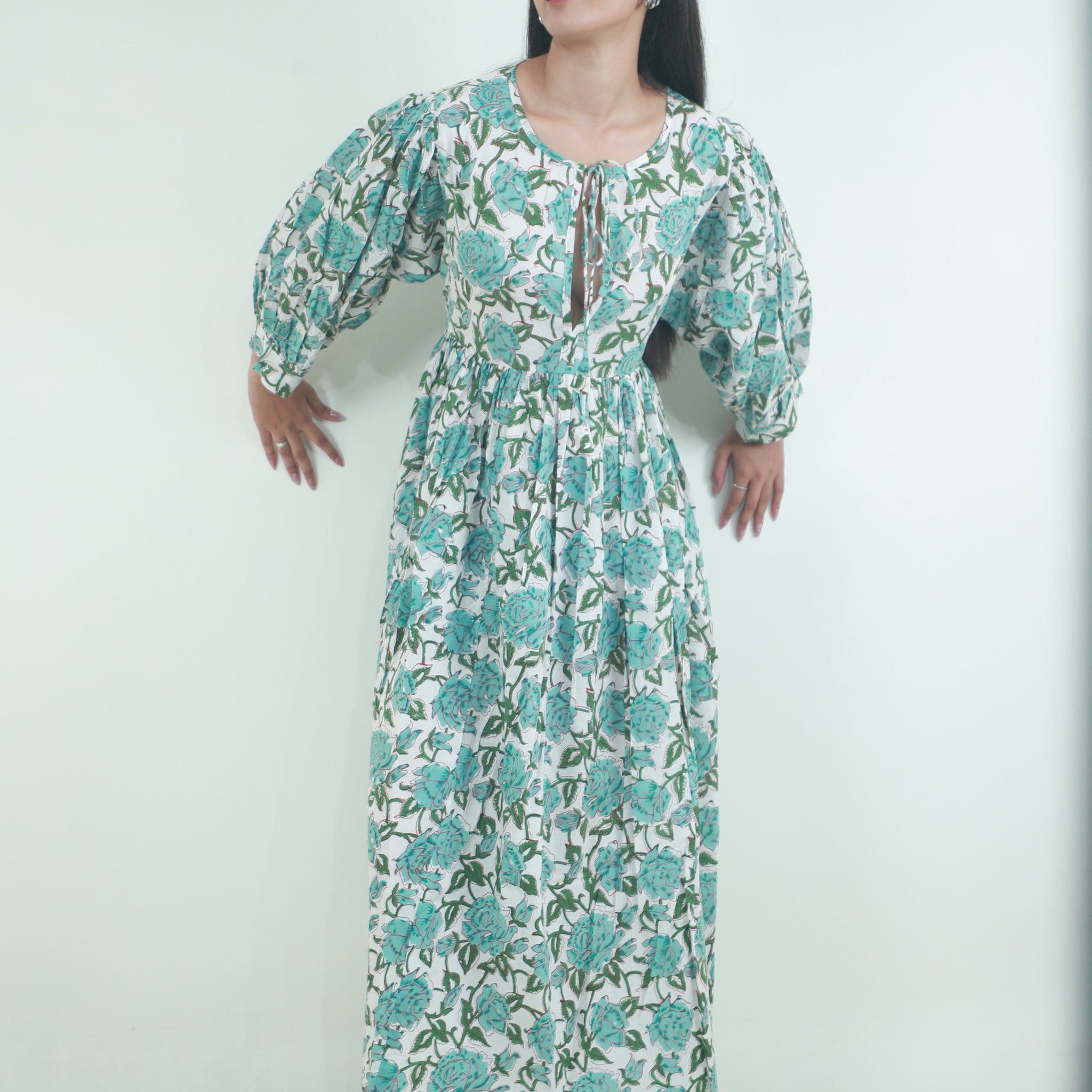 Green Floral long ladies cotton maxi dress