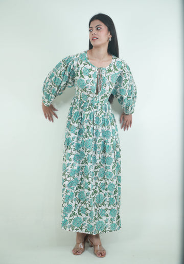 Green Floral long ladies cotton maxi dress