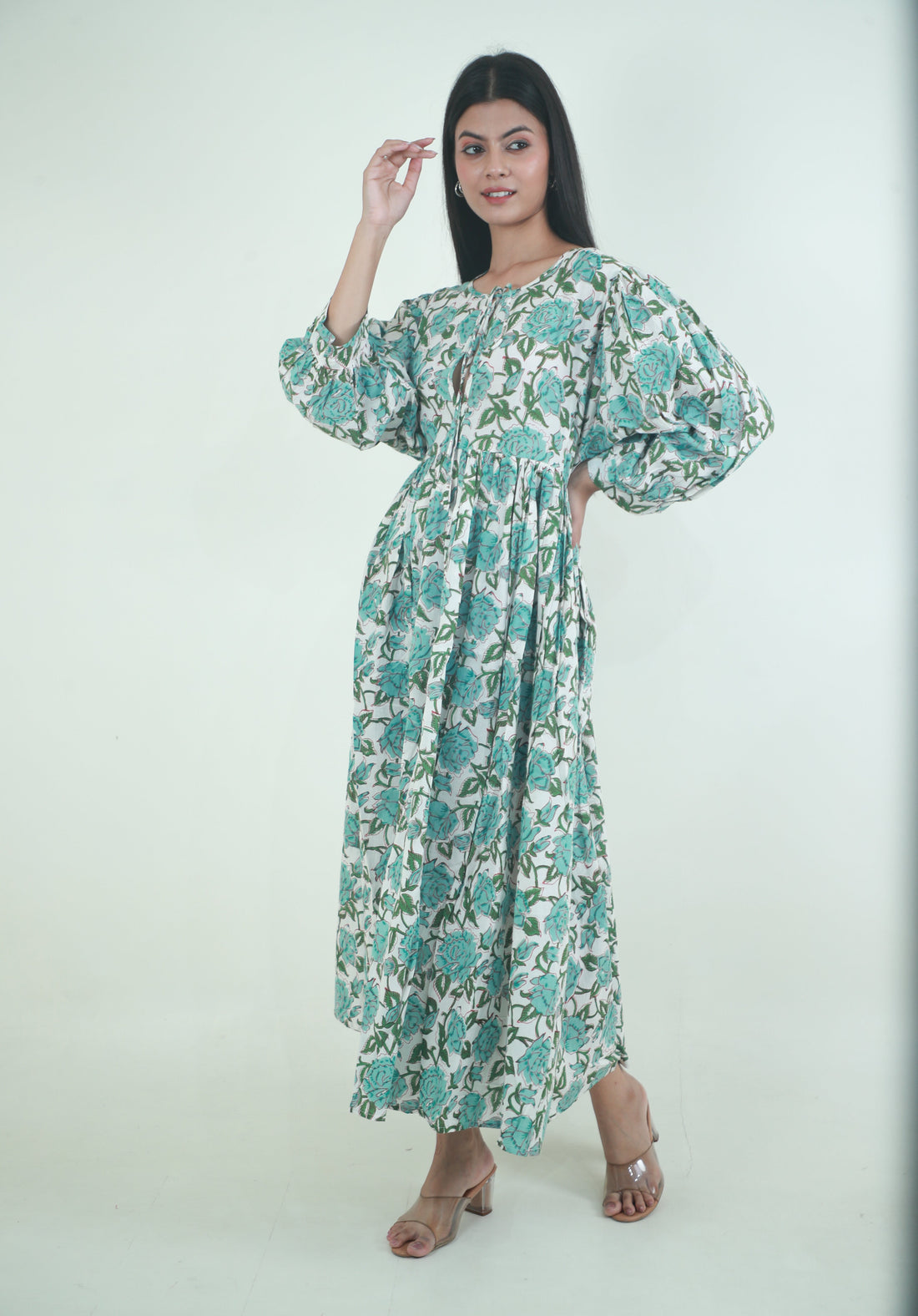 Green Floral long ladies cotton maxi dress